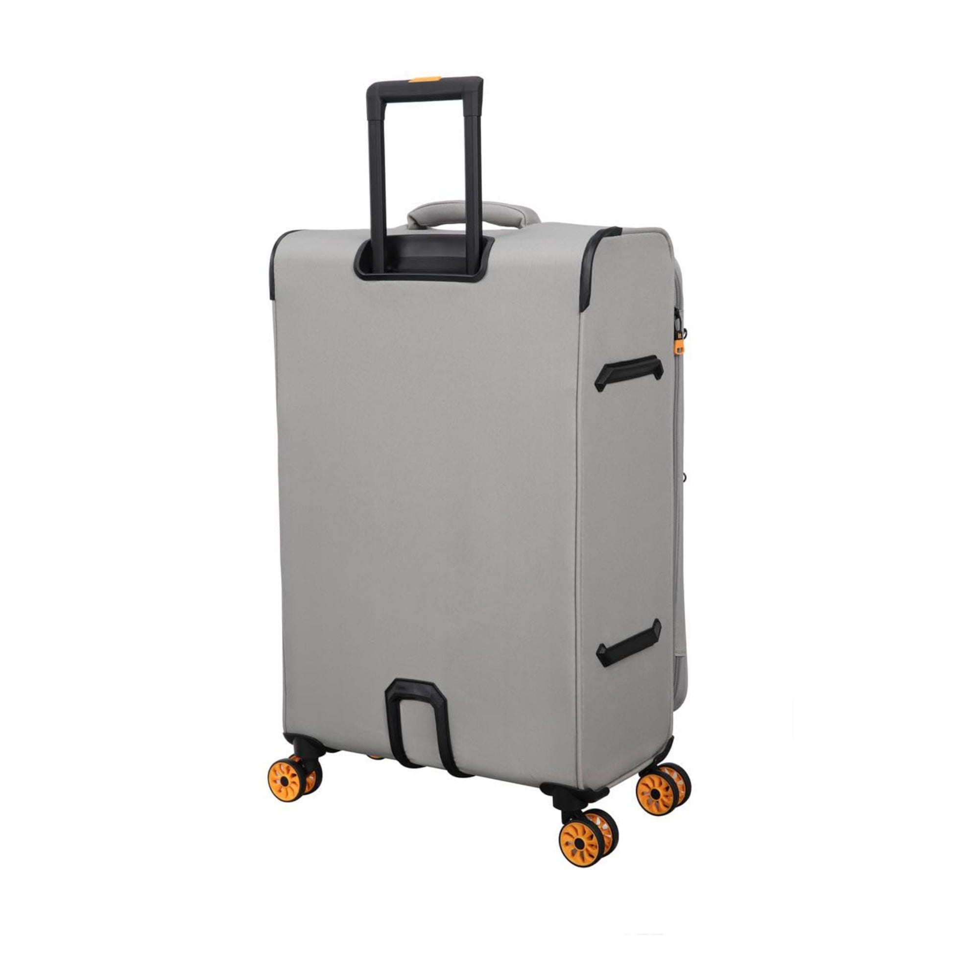 Gray suitcase with black handles and wheels on a white background