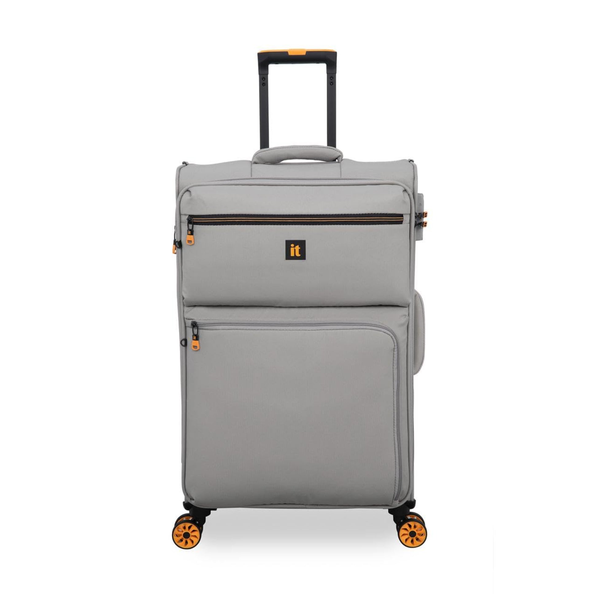 Gray suitcase with a visible brand logo on a white background