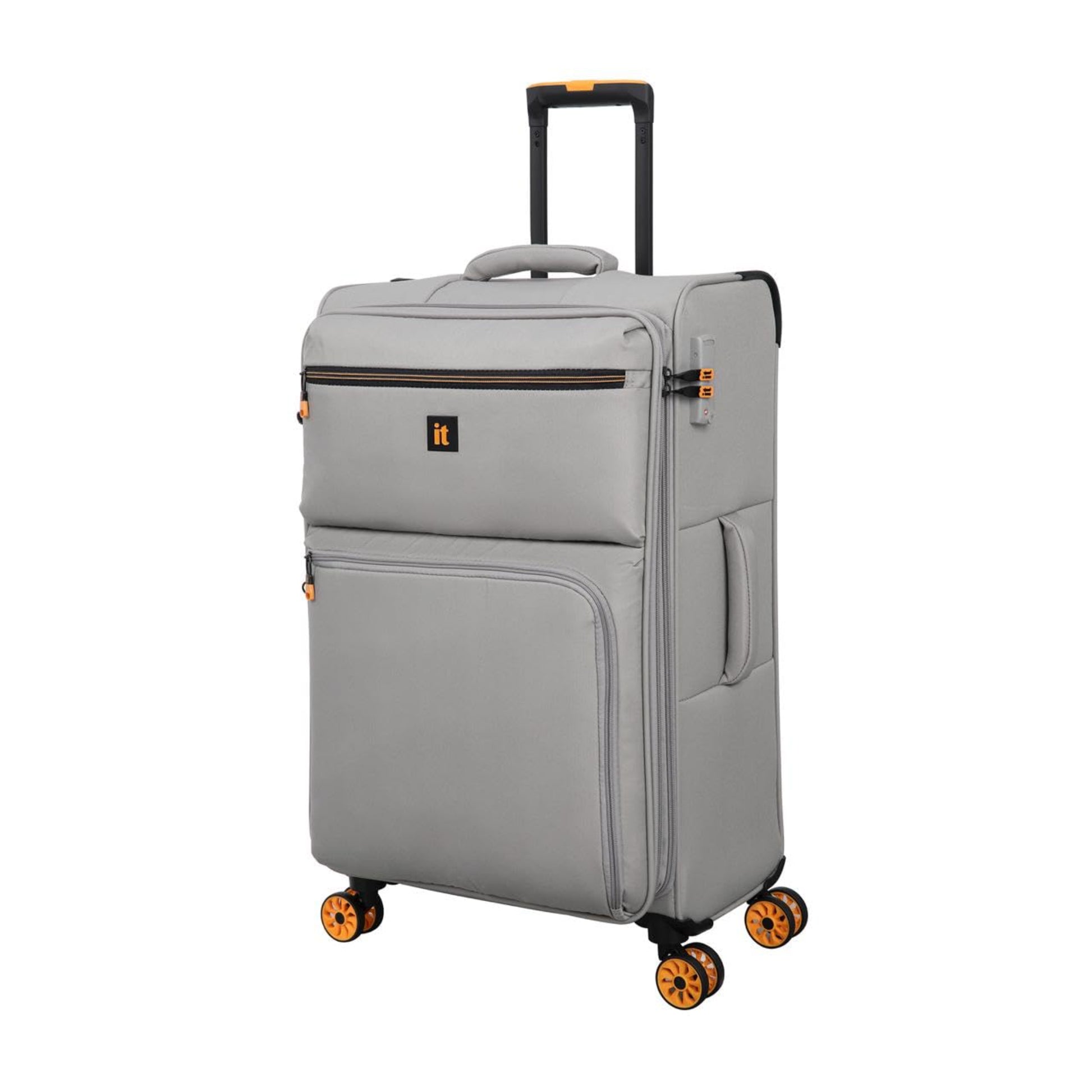 Gray suitcase with orange wheels on a white background