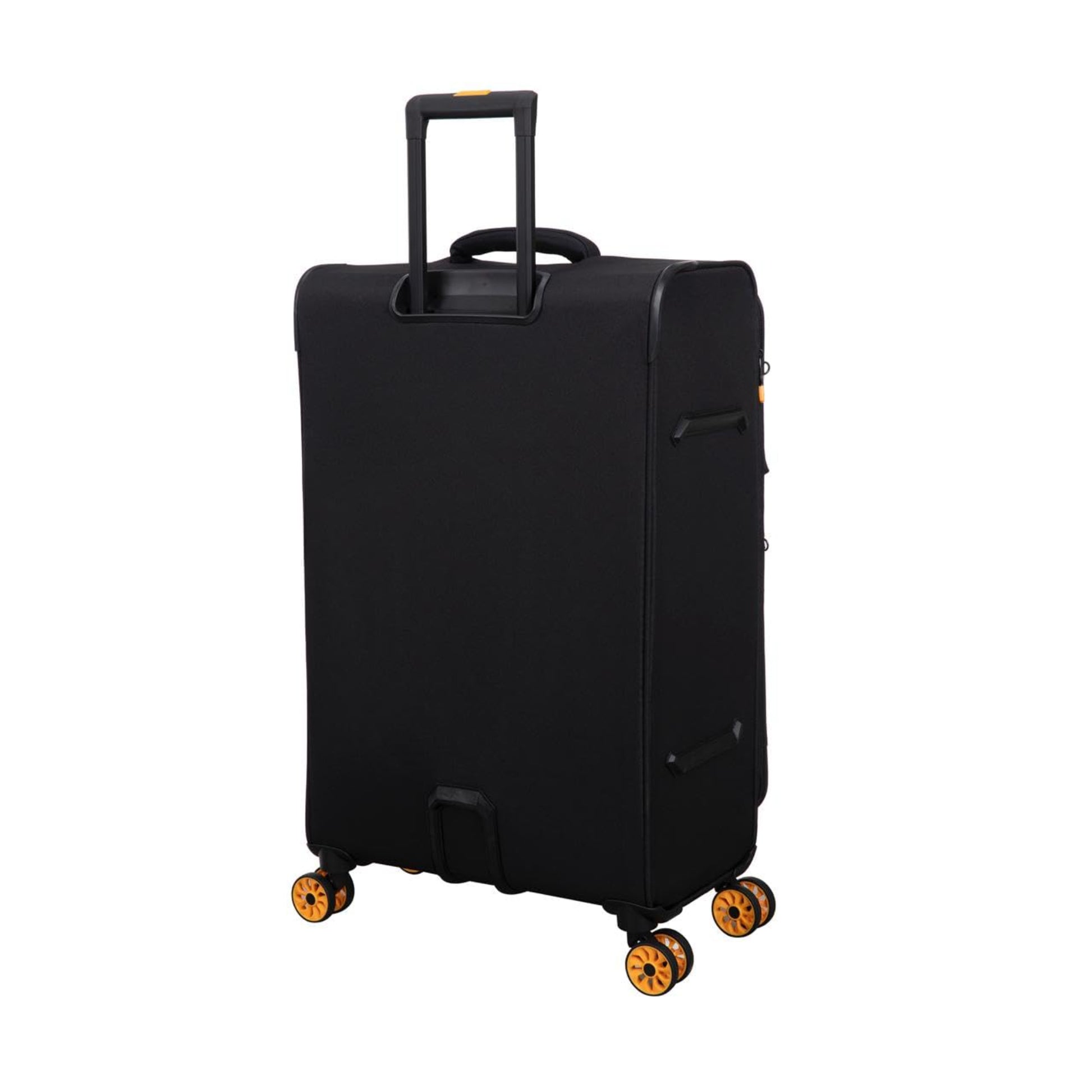 Black cabin size suitcase with orange wheels on a white background