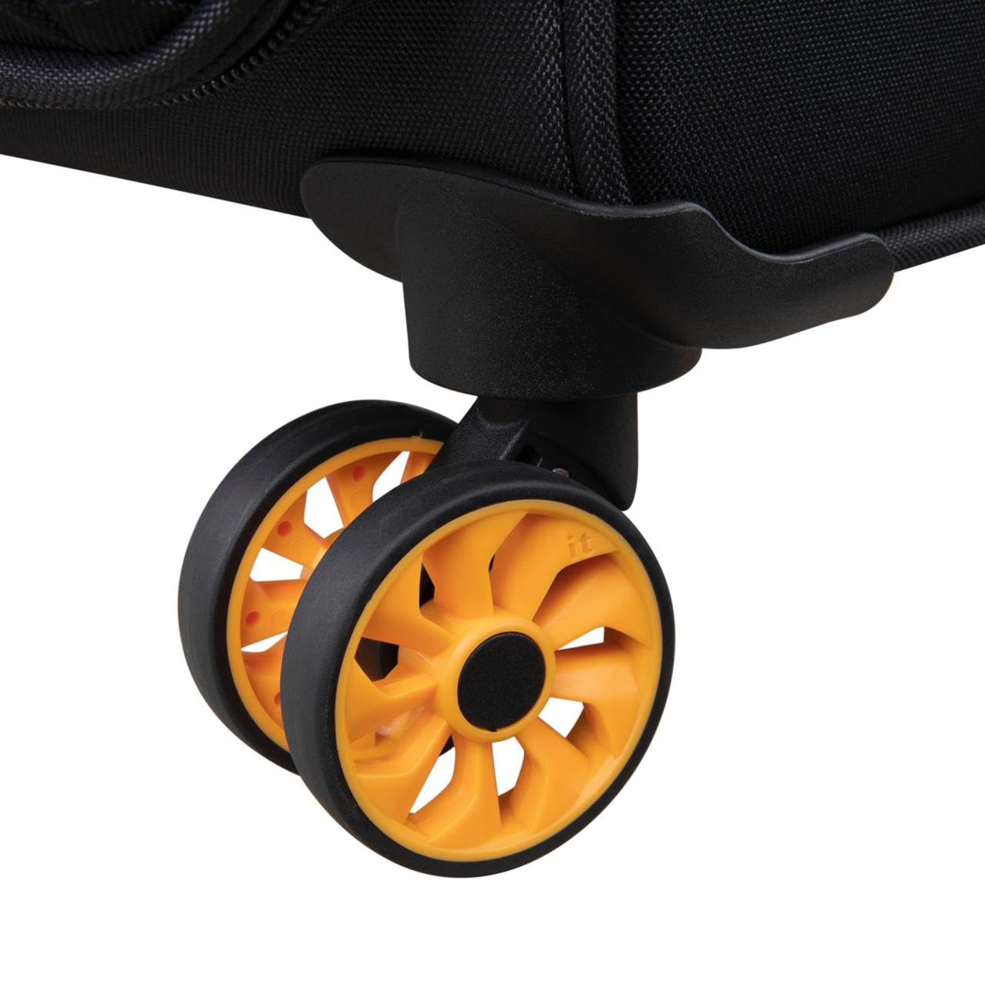 Close-up of a black cabin size suitcase with orange wheels on a white background