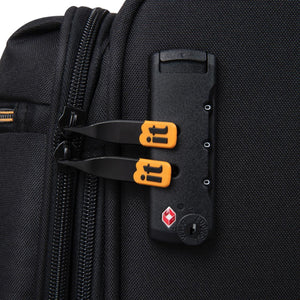 Black cabin size suitcase with a lock and key symbol on a white background