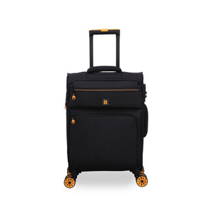 Black carry-on suitcase with orange wheels and accents on a white background