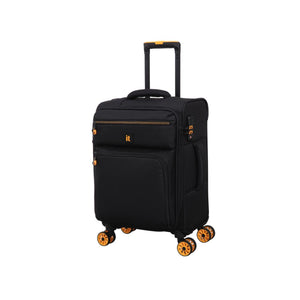 Black carry-on suitcase with orange wheels on a white background