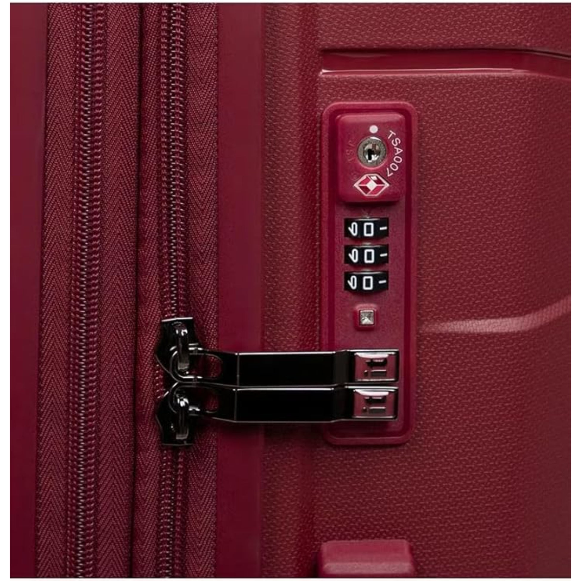 Close-up of a red suitcase with a combination lock