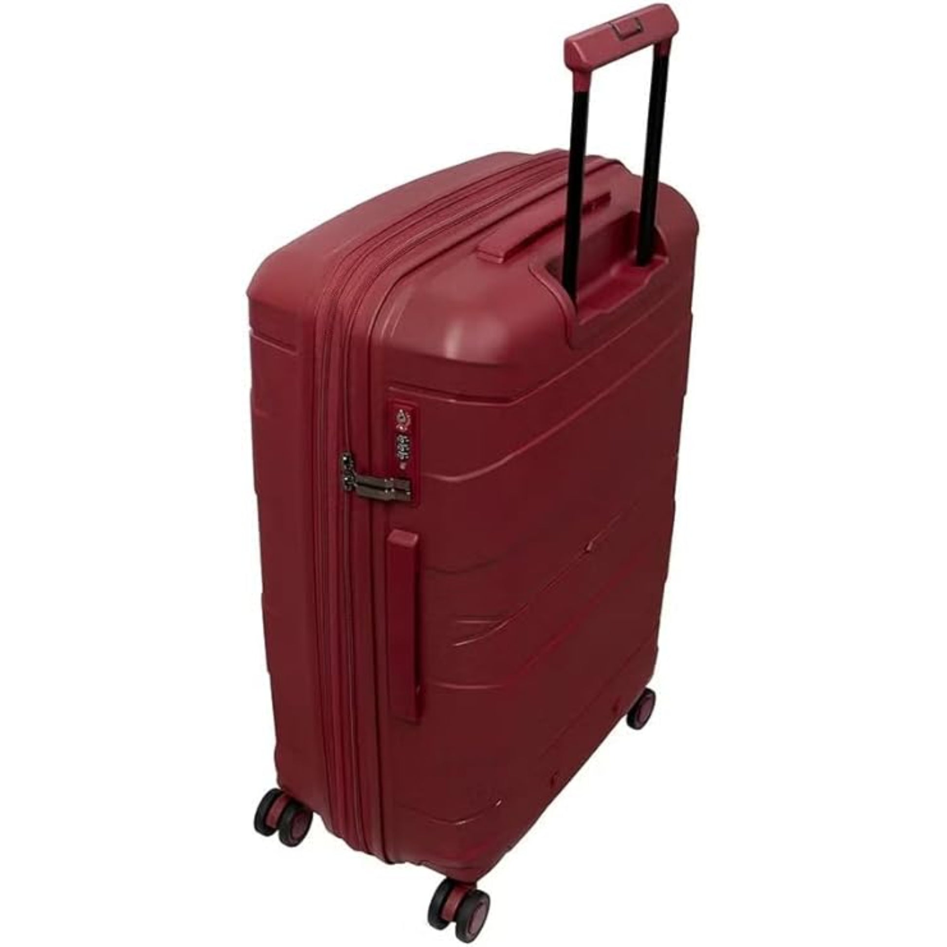 Red suitcase with a black handle on a white background