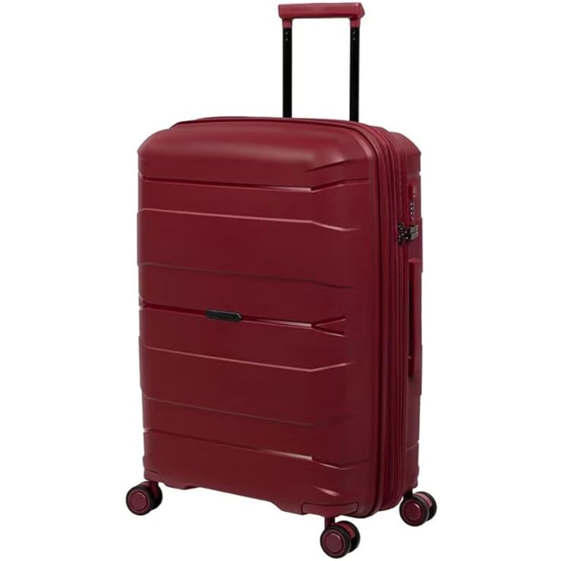 Red suitcase with wheels on a white background