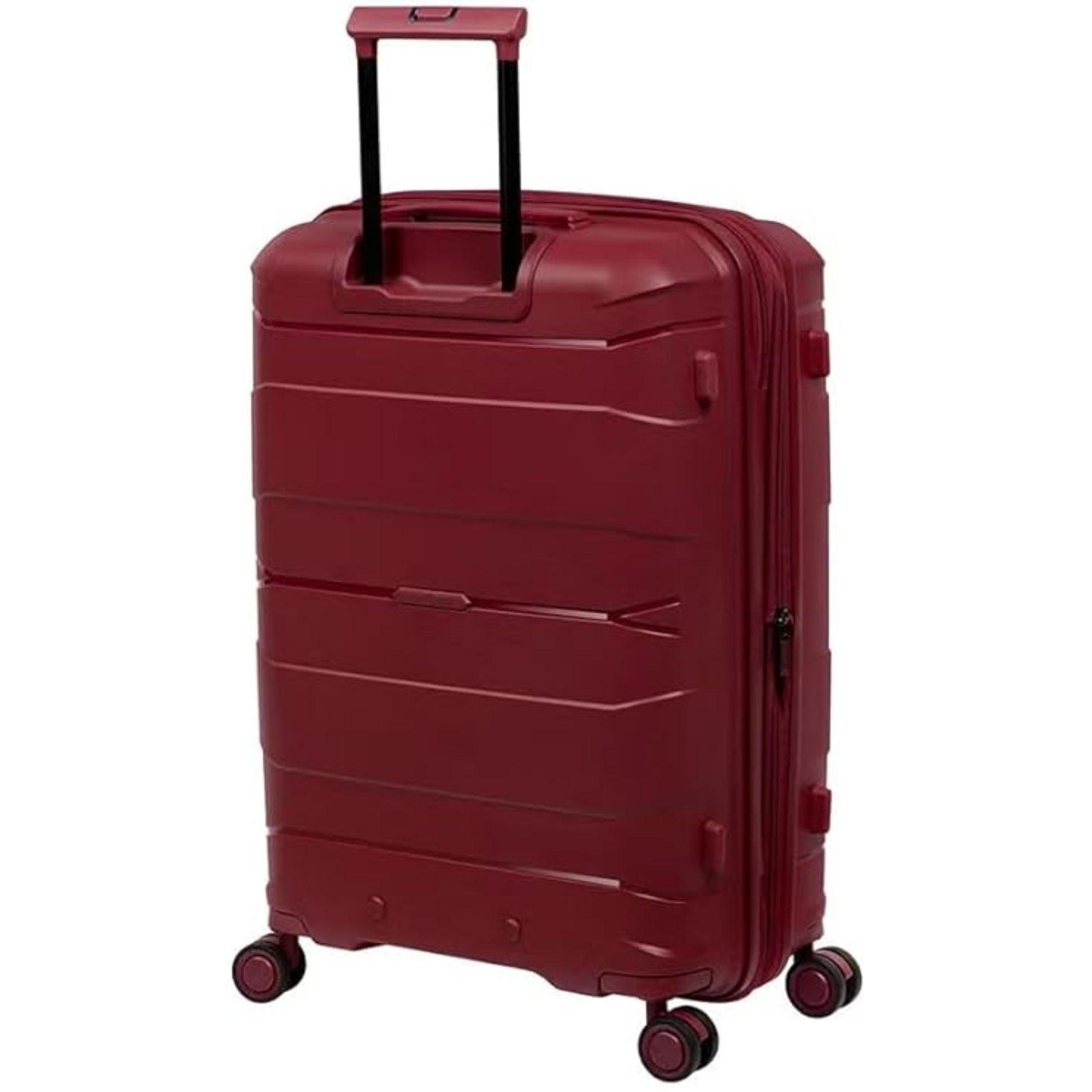 Red suitcase with wheels on a white background