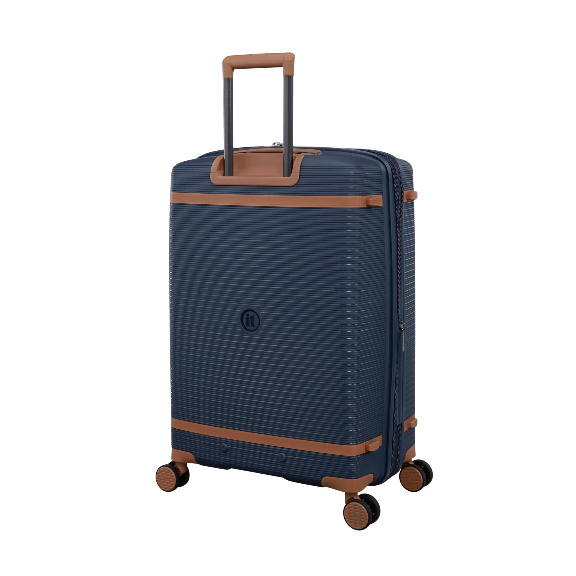 Blue trolly bag with brown accents on a white background