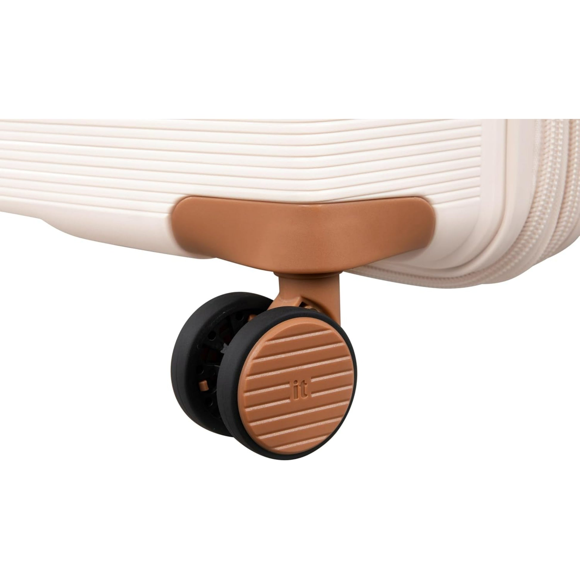 Close-up of a traveling bags wheel with brown and black design on a white background