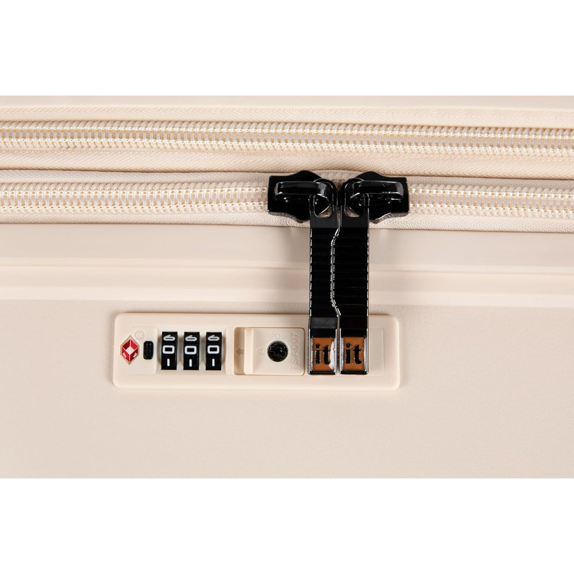 Close-up of a beige traveling bags with a combination lock on a white background