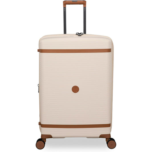 Beige travel luggage with brown accents on a white background