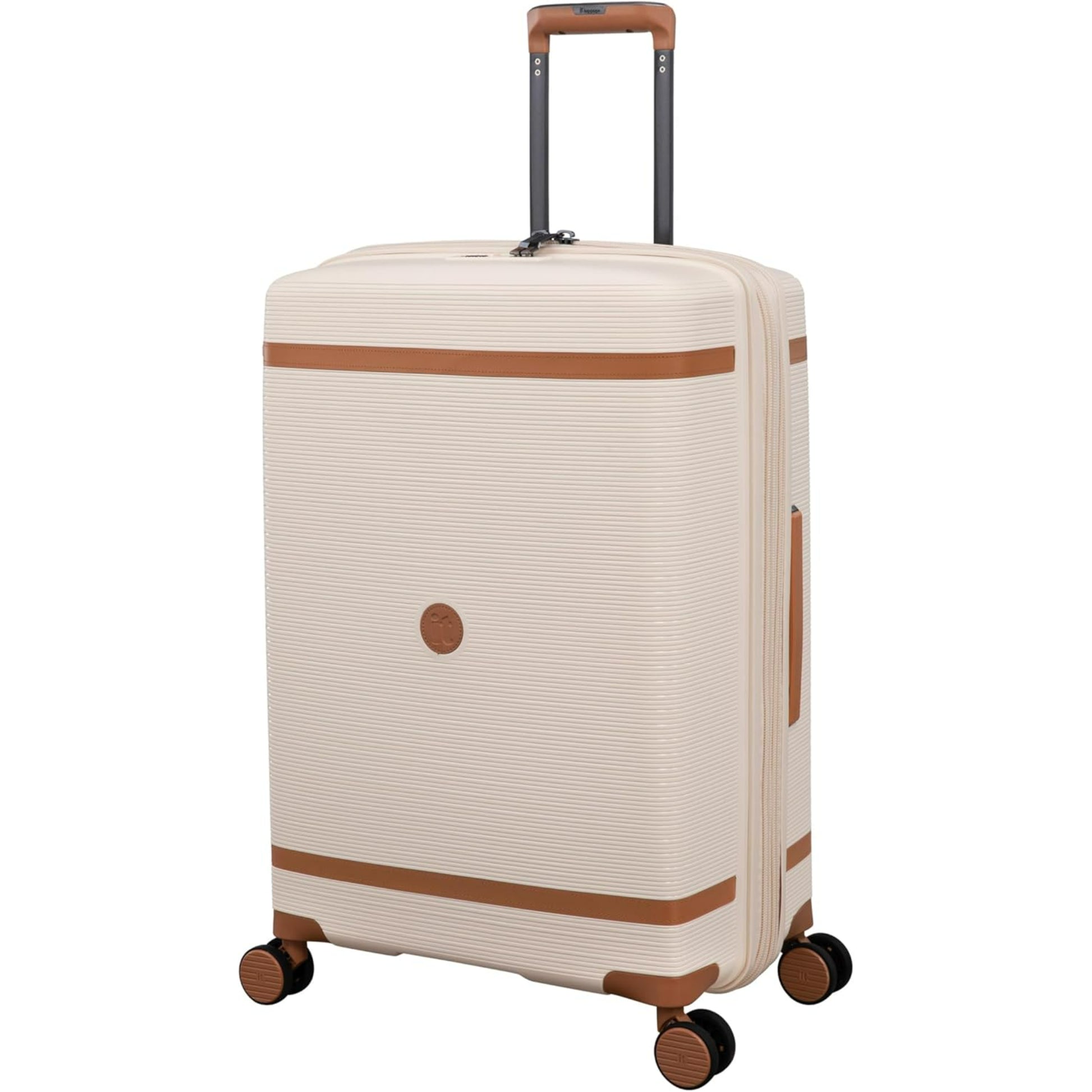 Beige traveling bags with brown accents on a white background