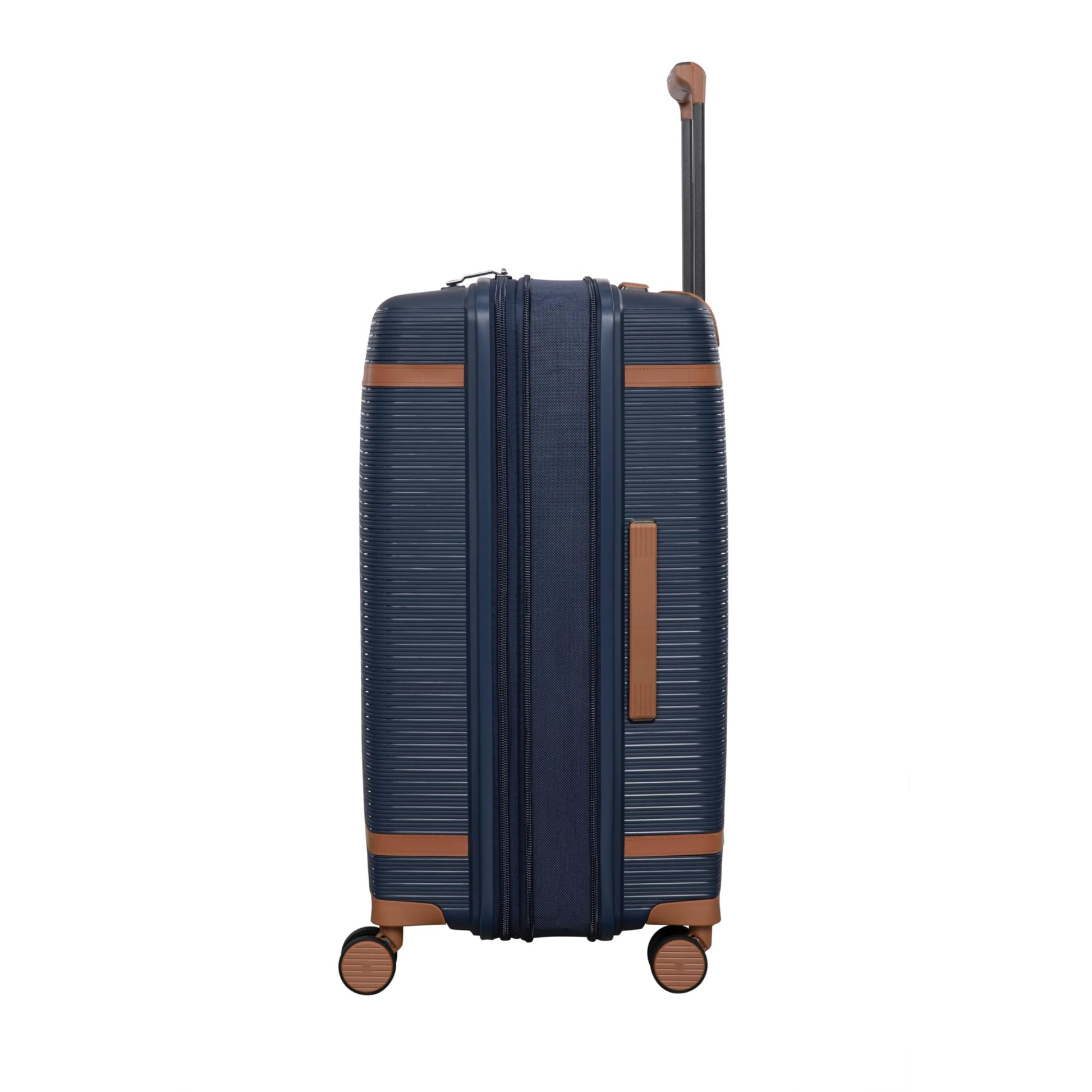 Blue 30kg luggage bag with brown accents on a white background