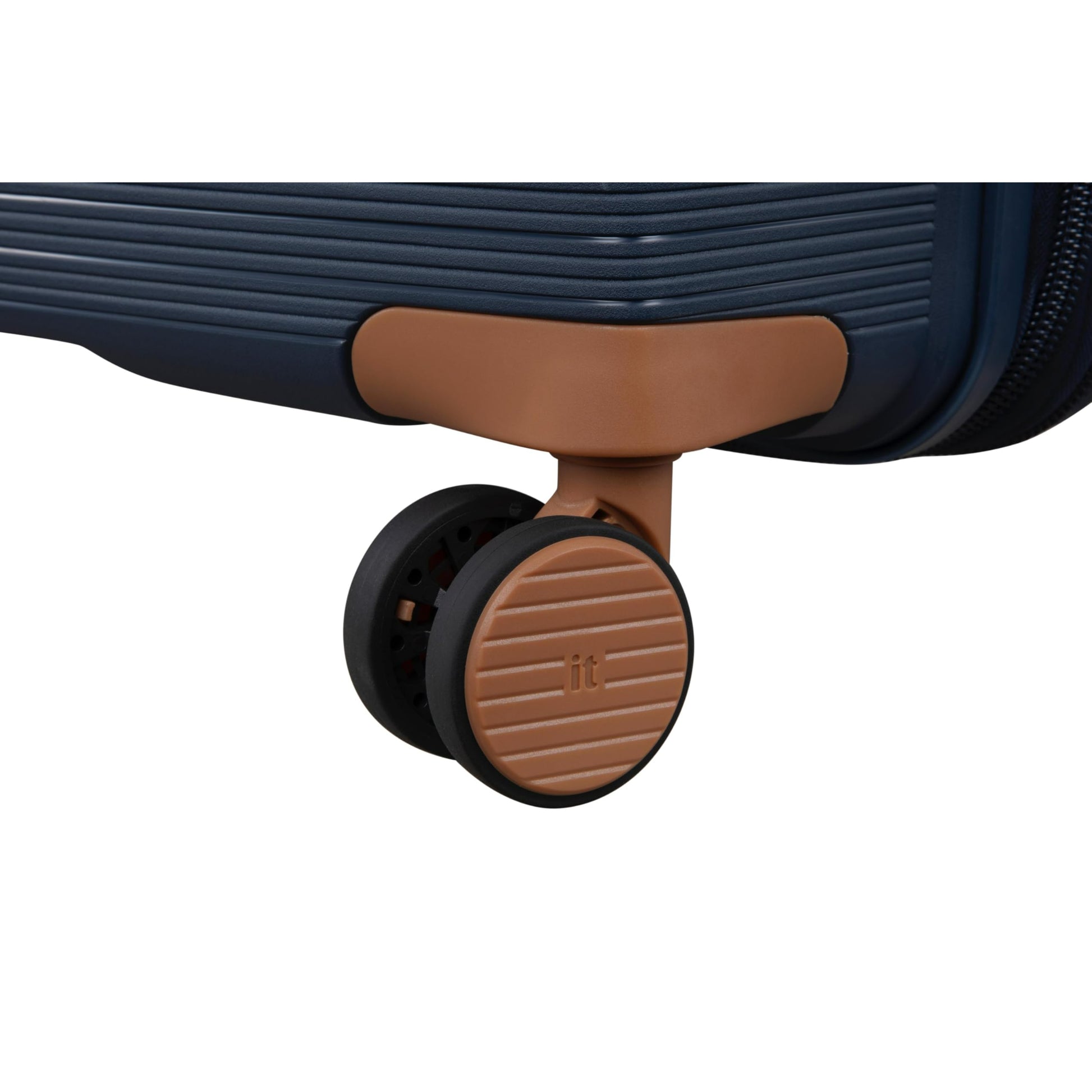 Close-up of a travel trolley bags wheel with brown and black design on a white background