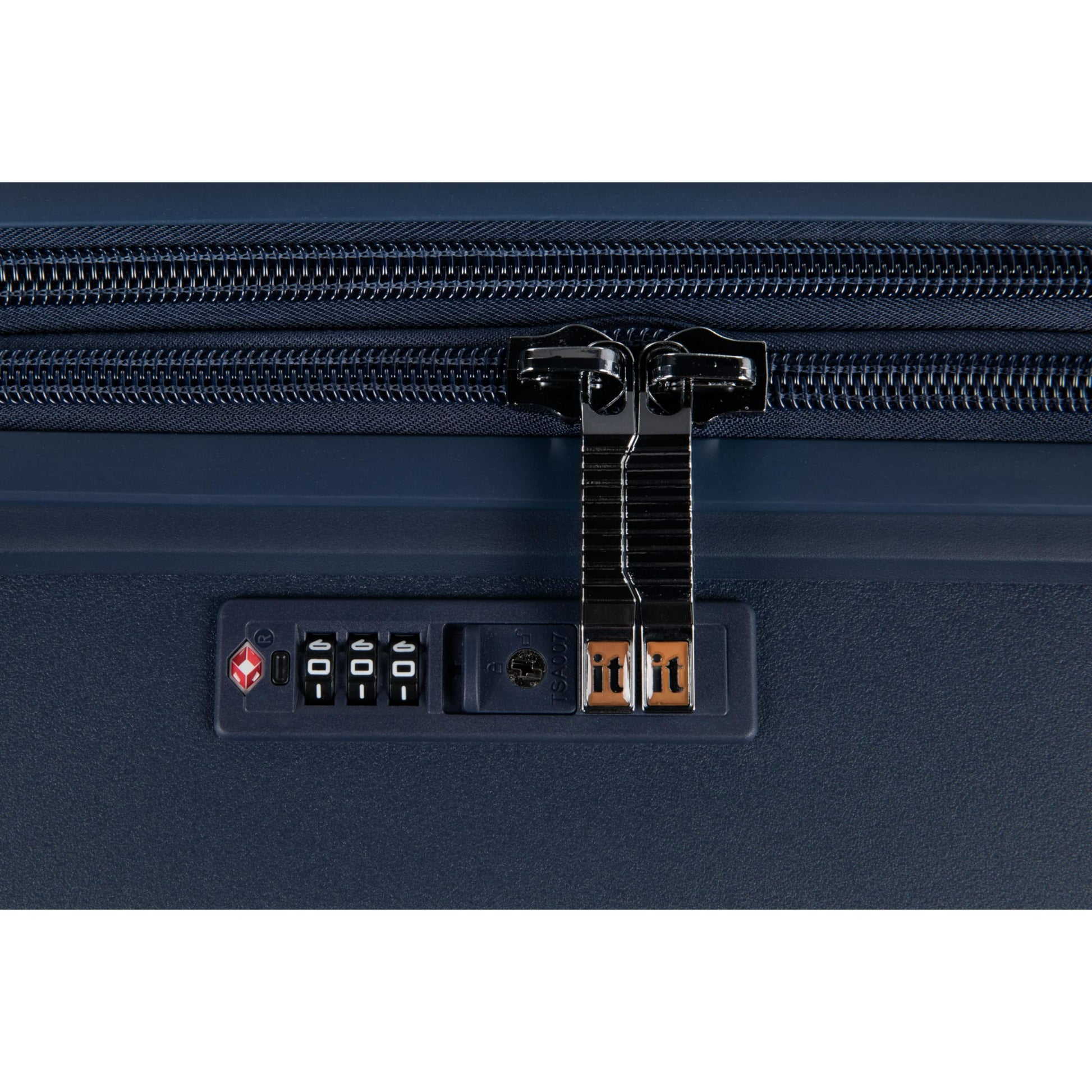 Close-up of a navy blue travel bag with a zipper and security lock on a white background