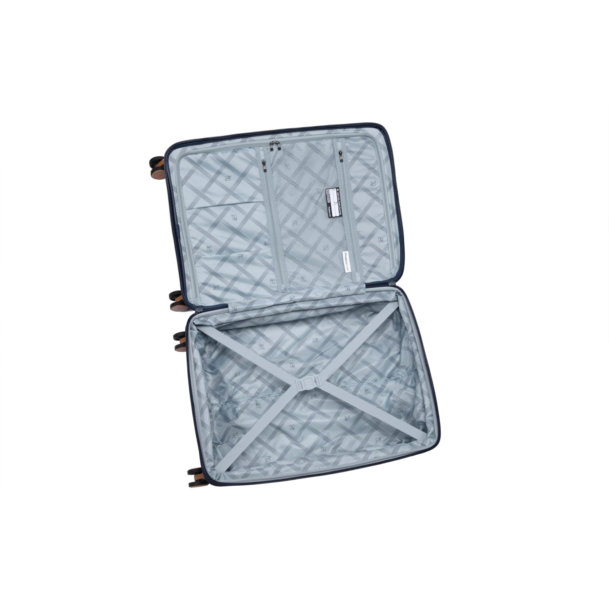 Open travel bag with quilted interior on a white background