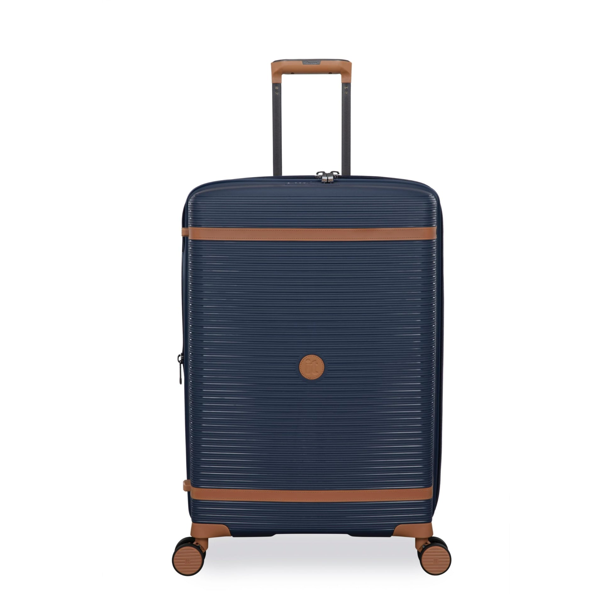 Blue luggage bags with brown accents on a white background