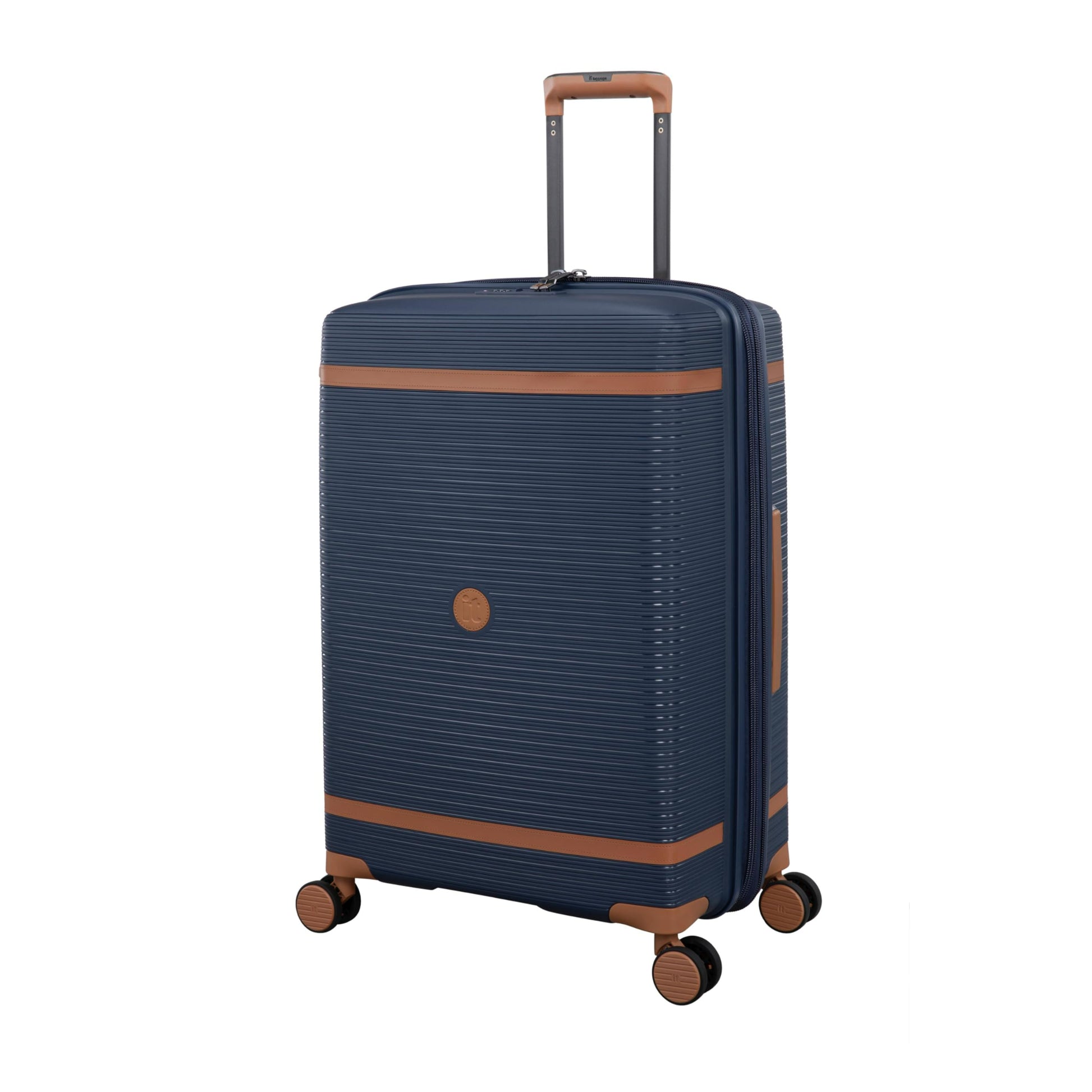 Blue luggage bags with brown accents on a white background