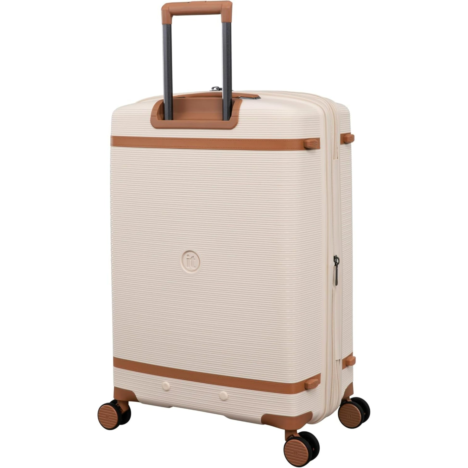 Beige traveling bags with brown accents on a white background