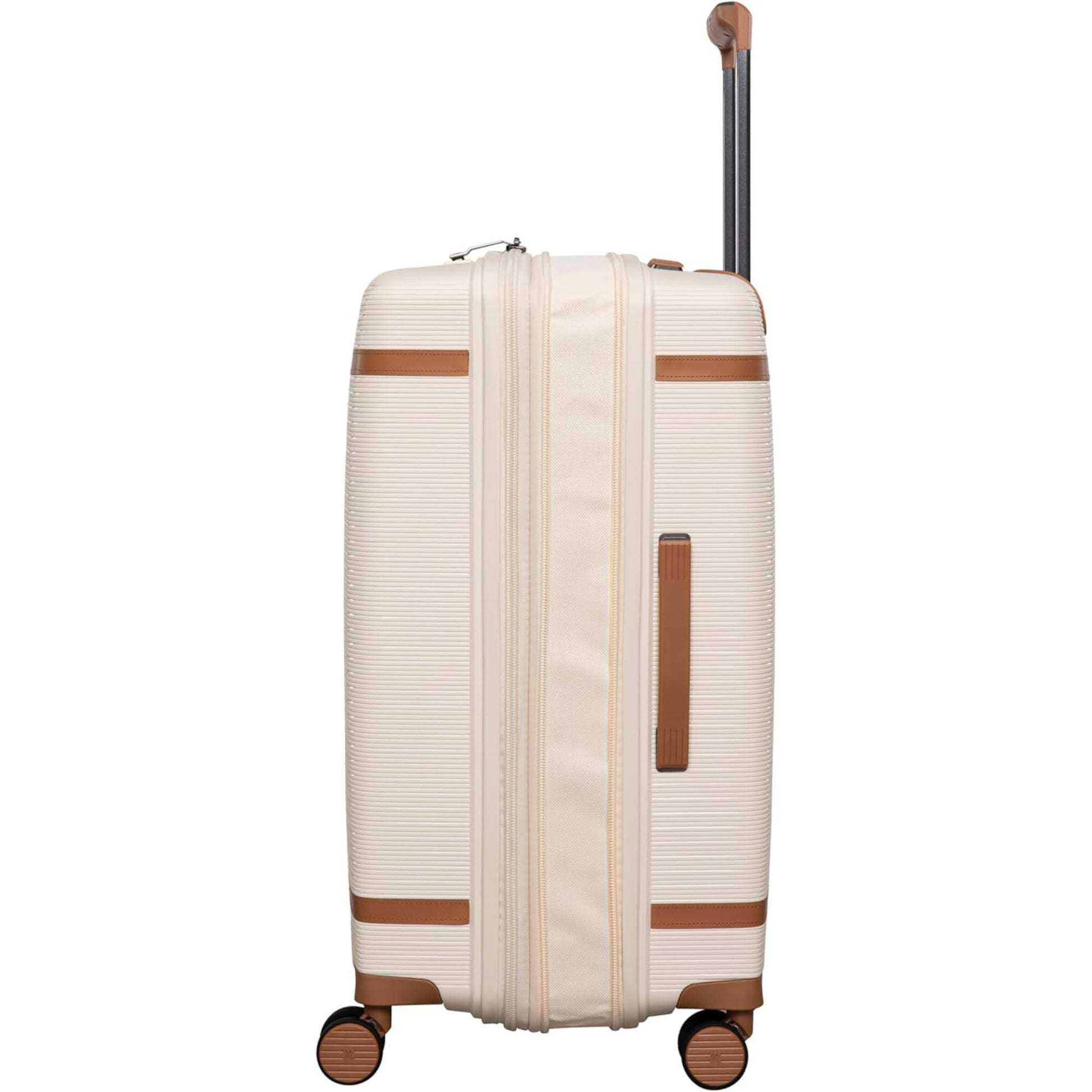 Beige traveling bags with brown accents on a white background