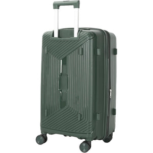 Green suitcase with wheels and handle on a white background