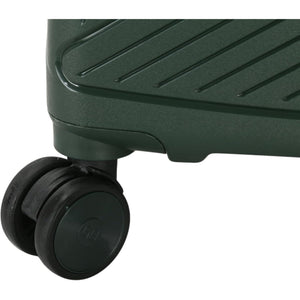 Close-up of a green suitcase with a wheel on a white background