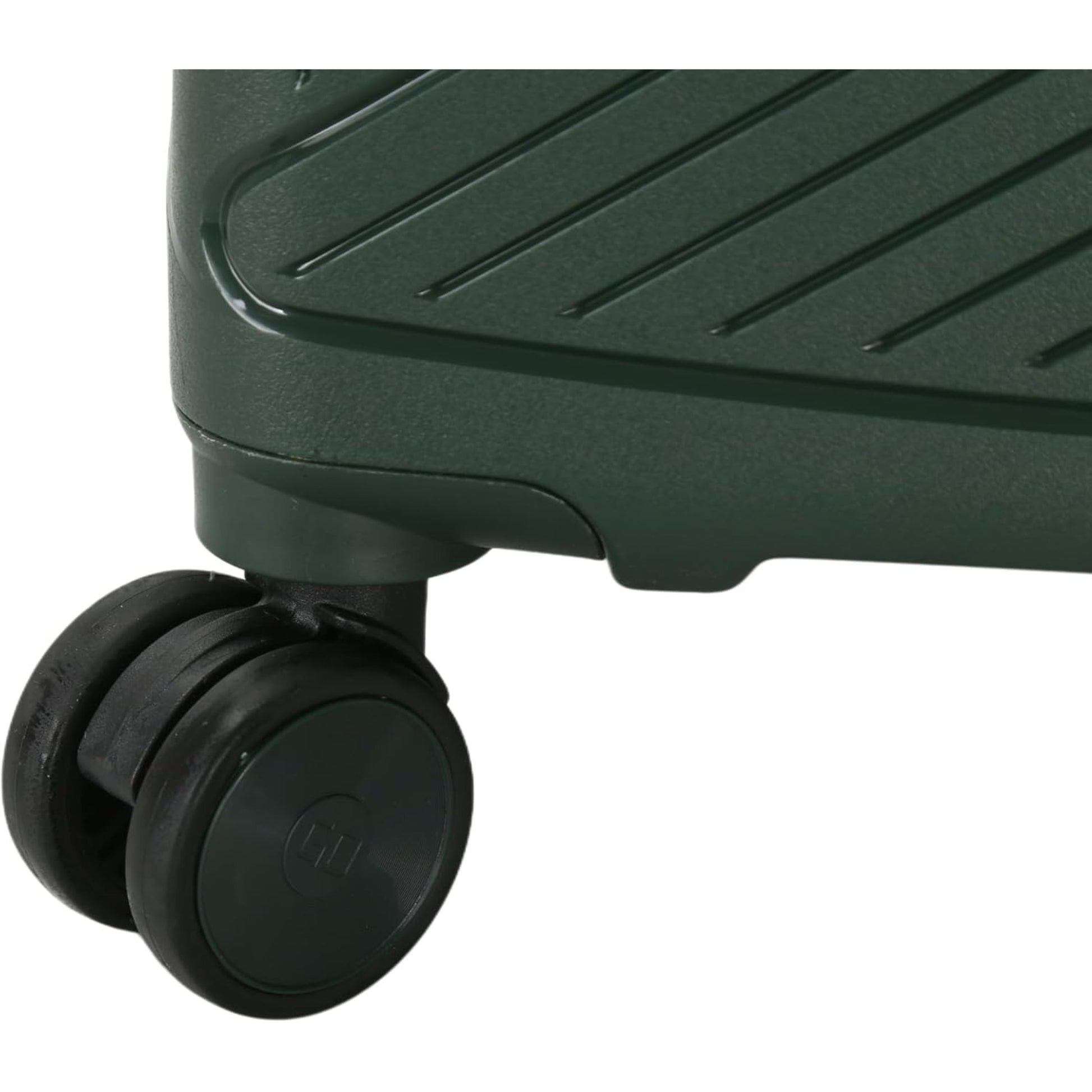 Close-up of a green suitcase with a wheel on a white background