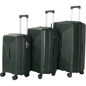 Set of 3 green luggage set of different sizes on a white background
