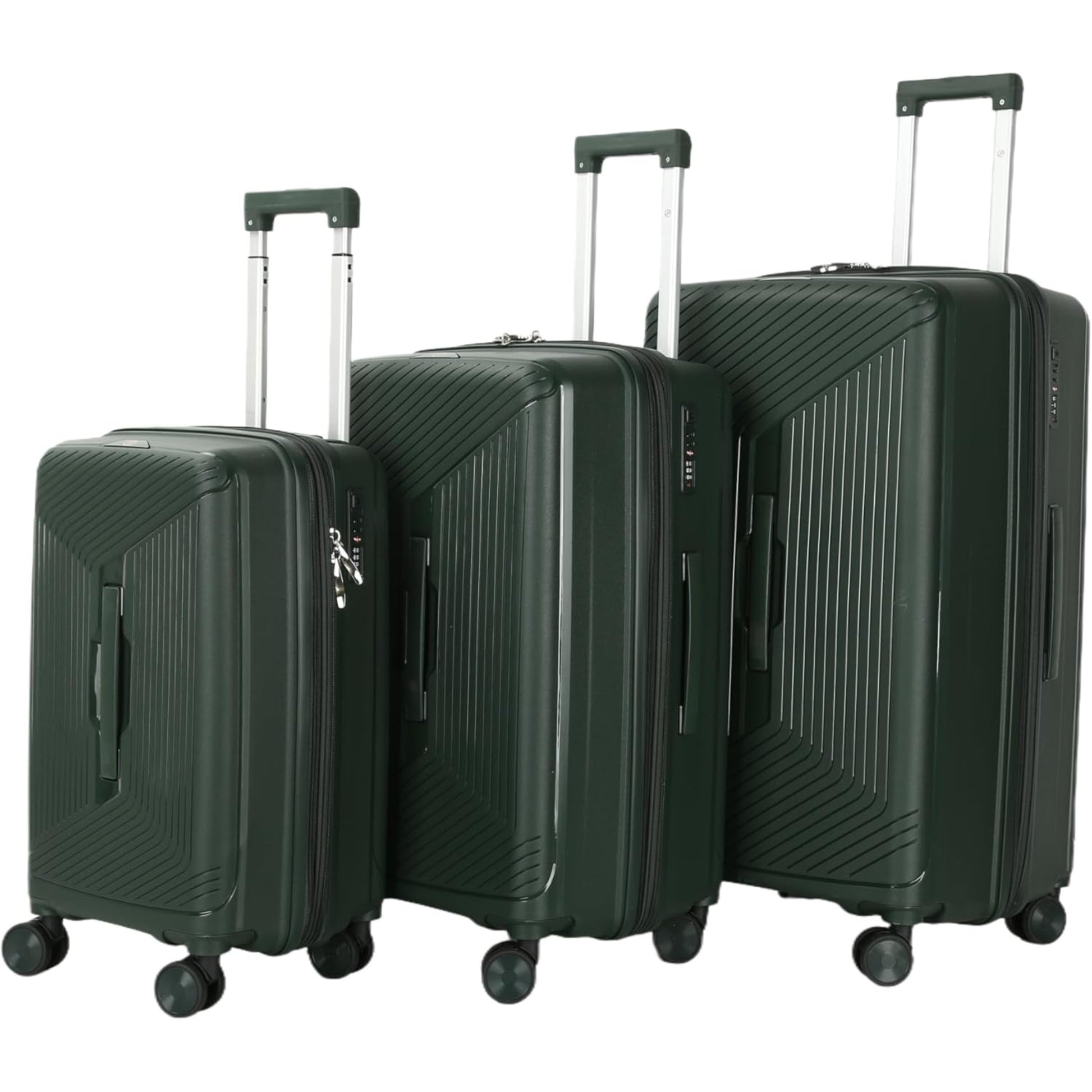 Set of 3 green luggage set of different sizes on a white background