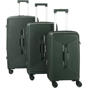 3 green suitcases of different sizes on a white background