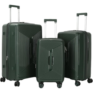 3 green suitcases of different sizes on a white background