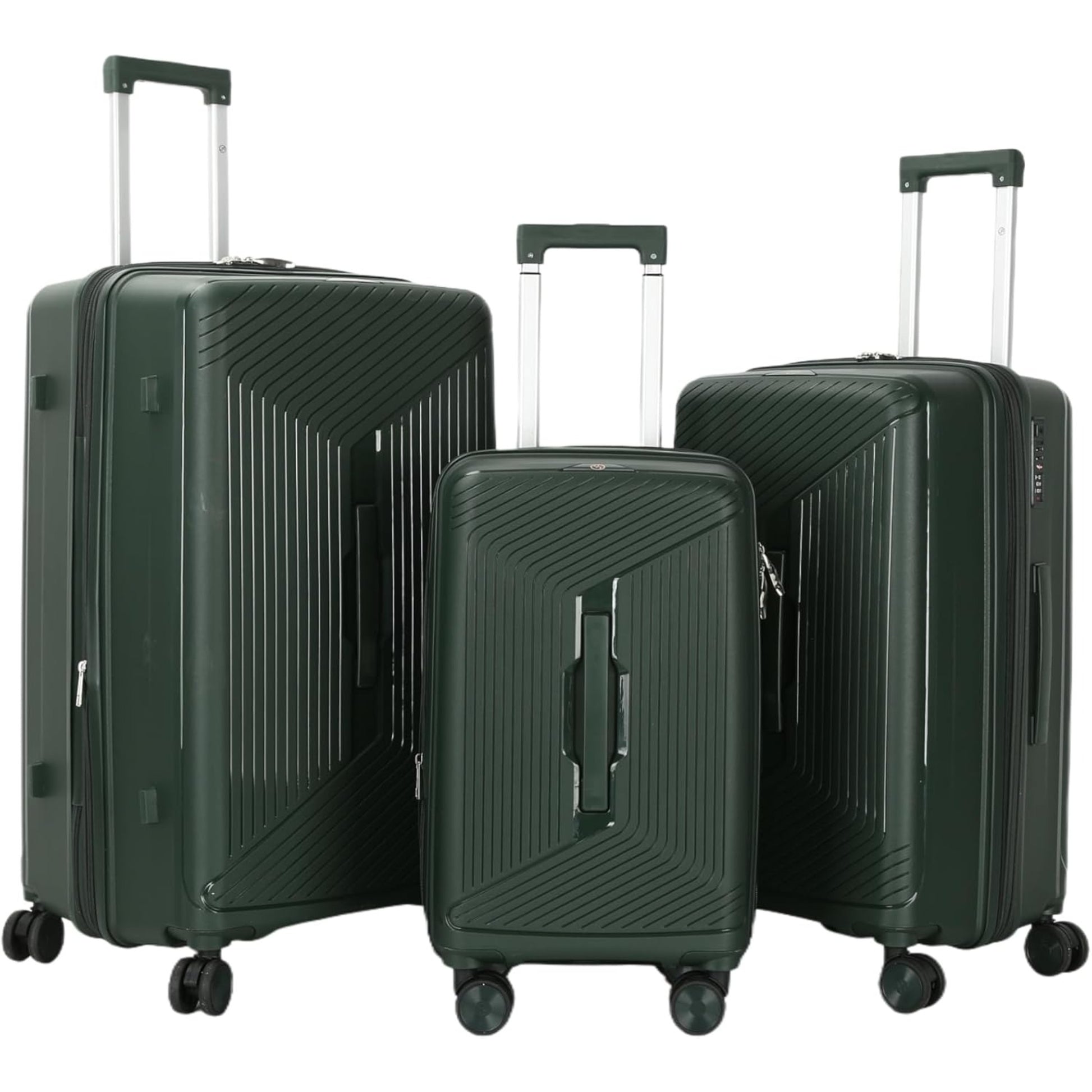 3 green suitcases of different sizes on a white background
