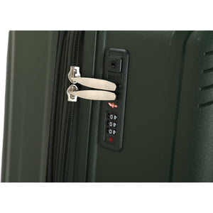 Close-up of a green suitcase with a zipper and lock mechanism on a white background