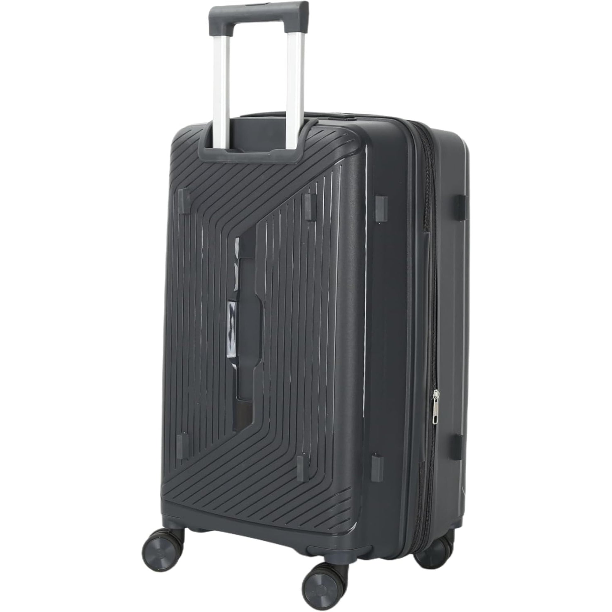 grey suitcase with a textured design on a white background