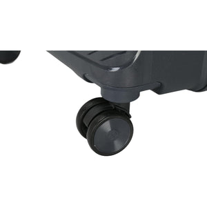 Close-up of a grey office chair wheel on a white background