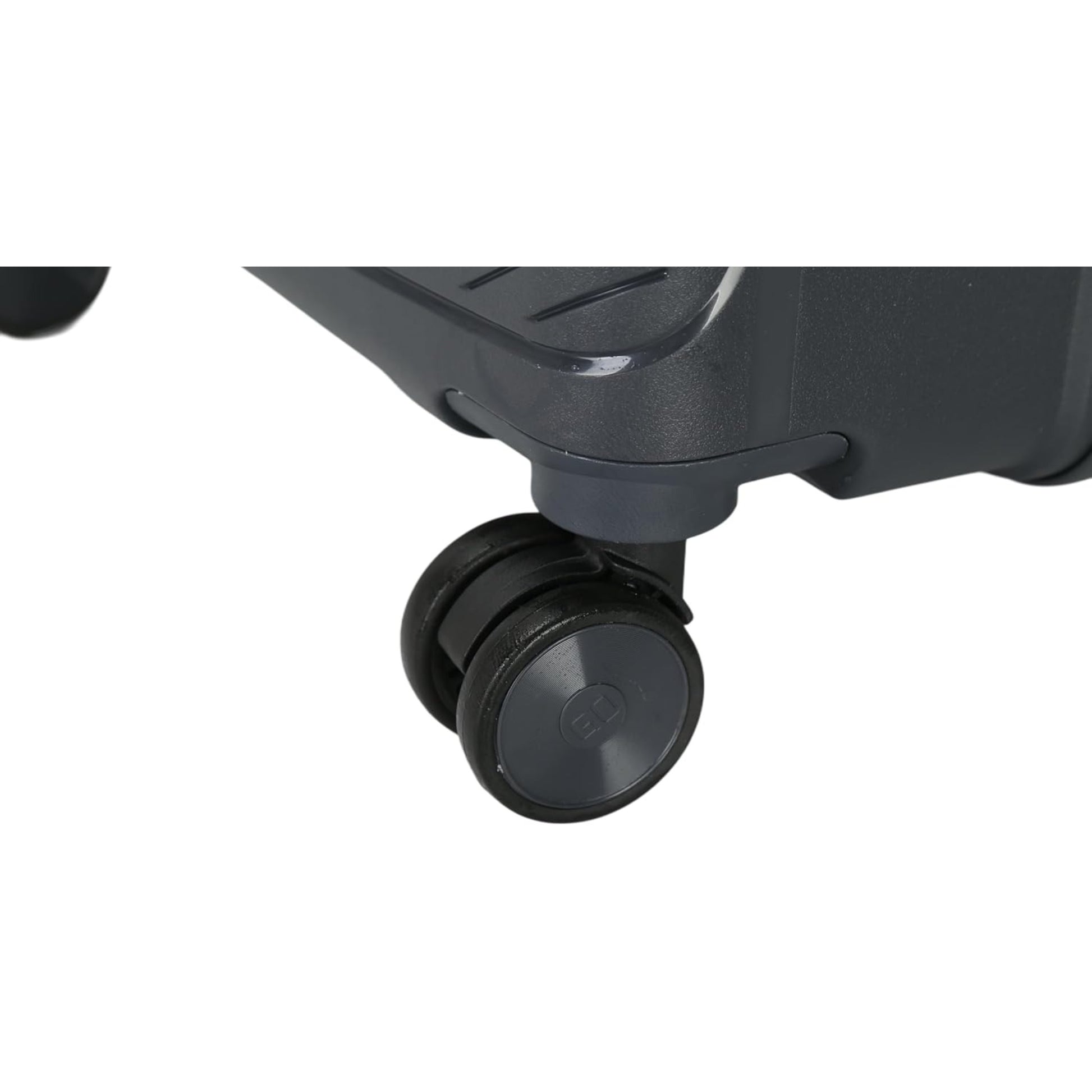 Close-up of a grey office chair wheel on a white background