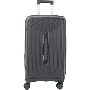 grey suitcase with a textured surface on a white background