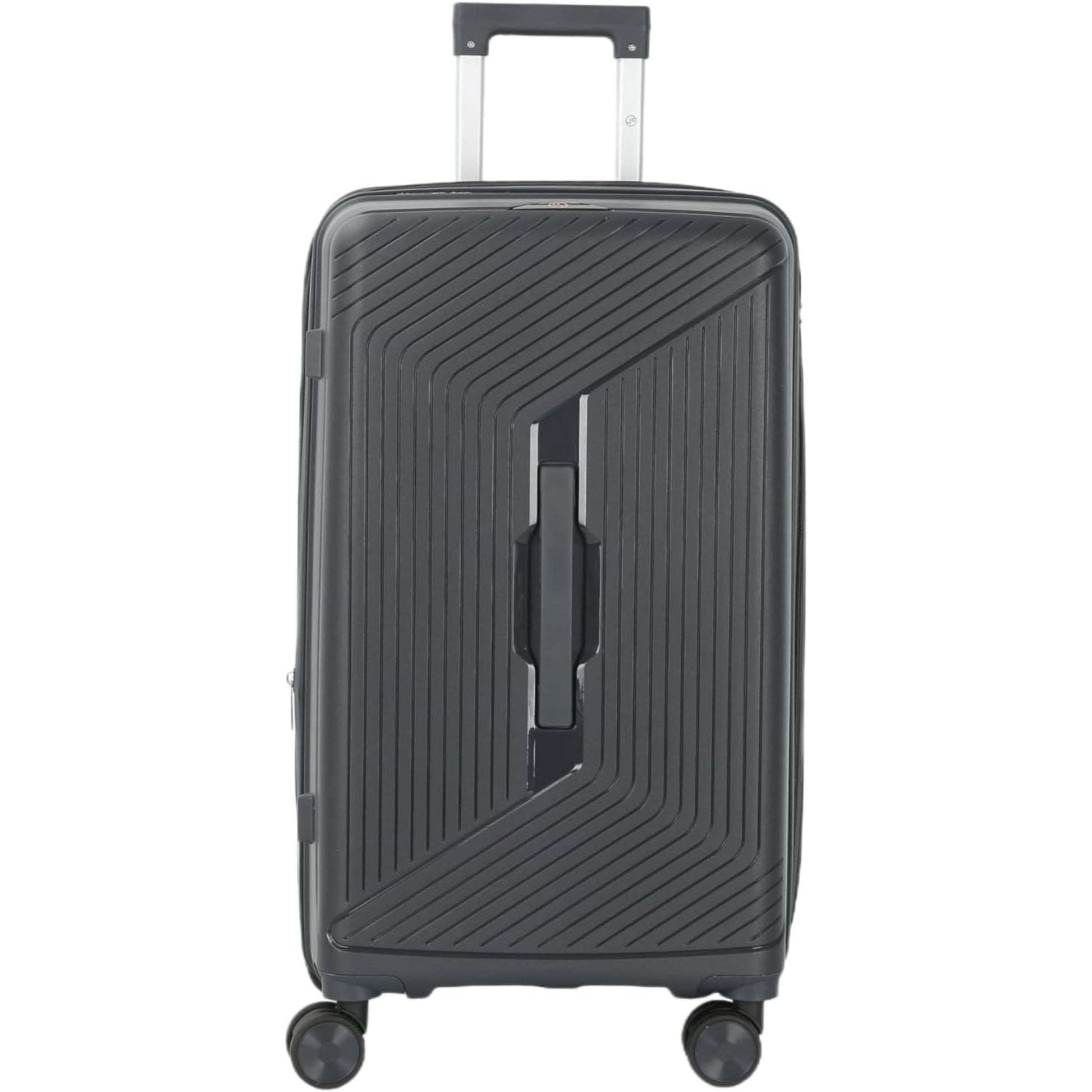 grey suitcase with a textured surface on a white background