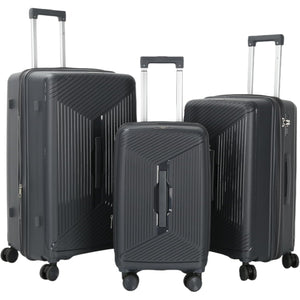 Three grey suitcases of different sizes on a white background