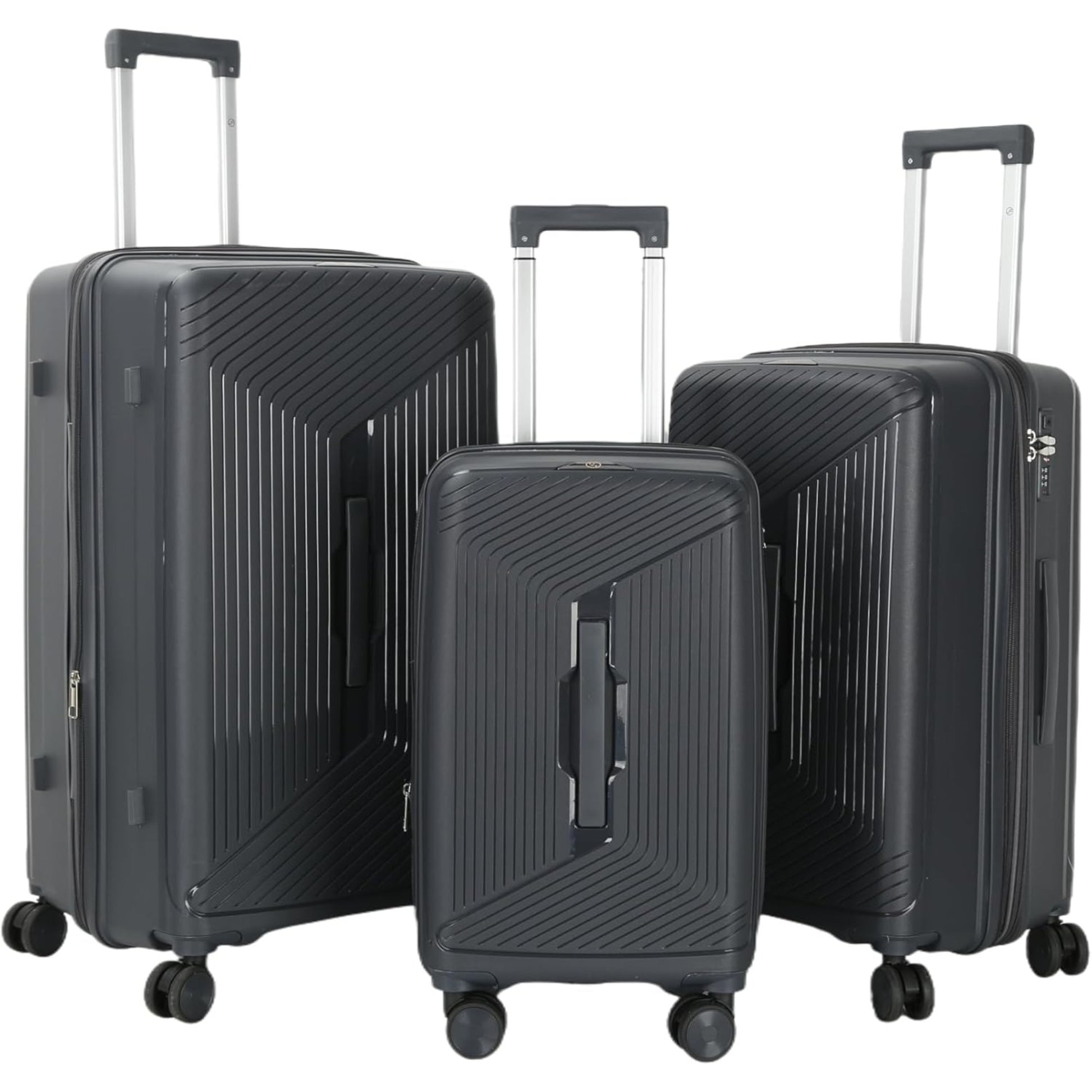 Three grey suitcases of different sizes on a white background