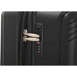 Grey suitcase with a combination lock on a white background