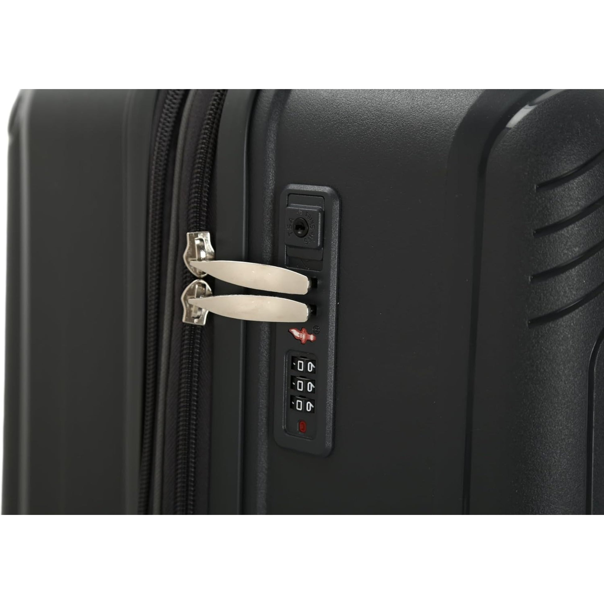 Grey suitcase with a combination lock on a white background