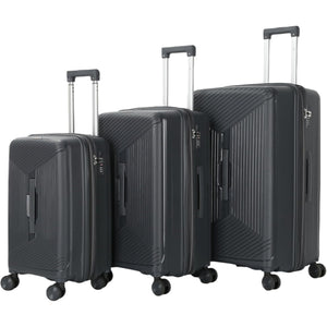 Set of 3 grey suitcases of different sizes on a white background