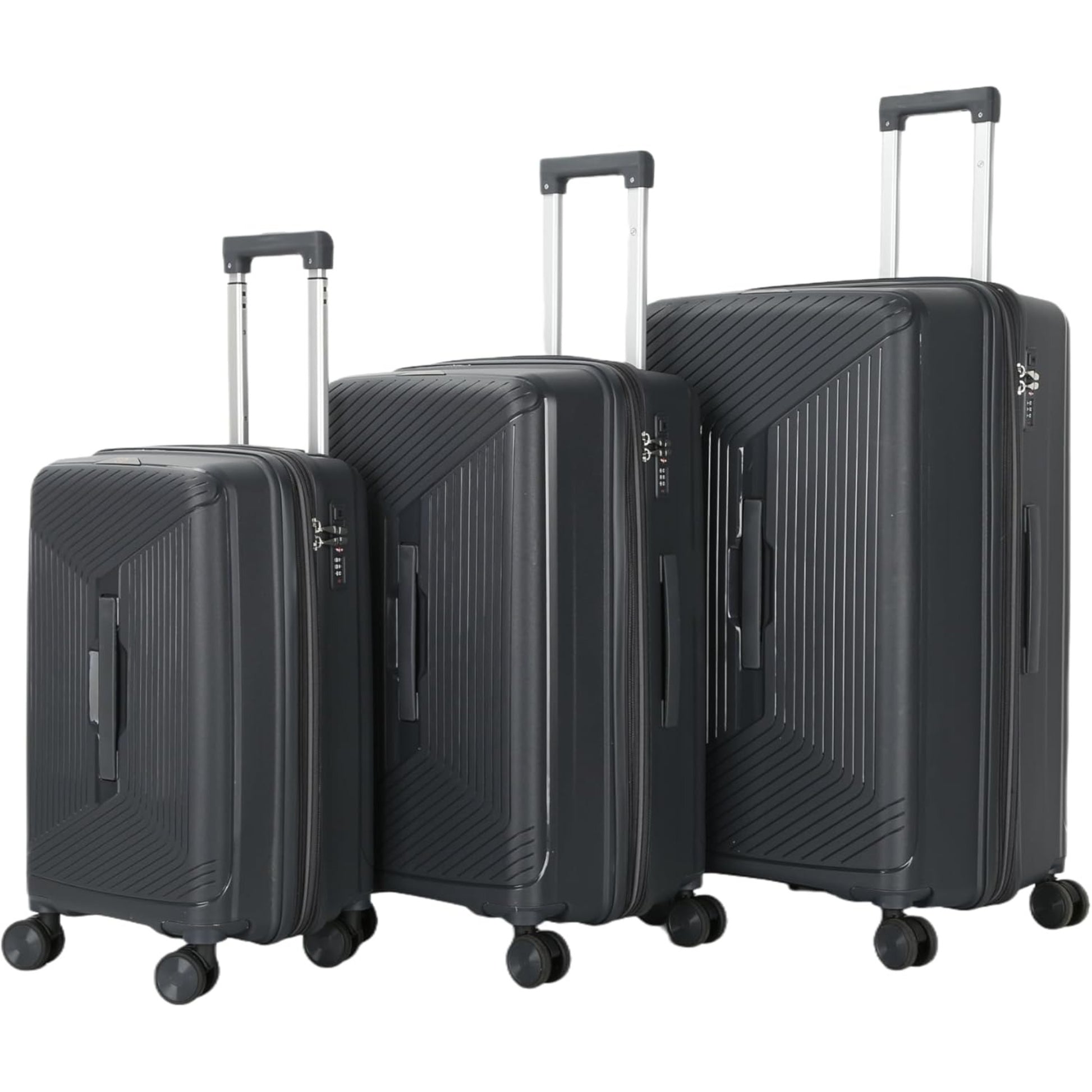 Set of 3 grey suitcases of different sizes on a white background