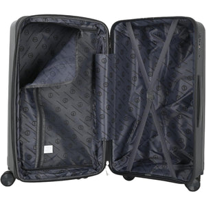 Open gray suitcase with patterned interior on a white background
