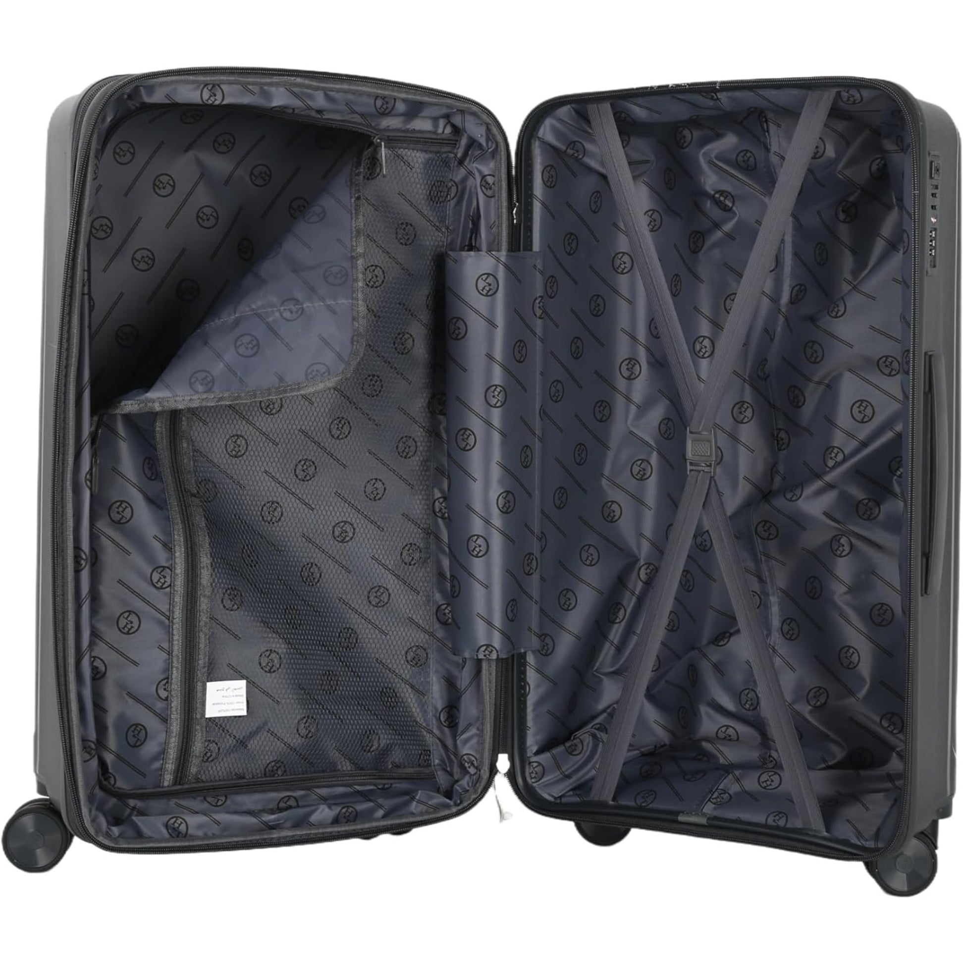 Open gray suitcase with patterned interior on a white background