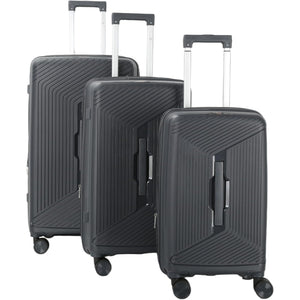 Set of 3 grey suitcases with wheels on a white background