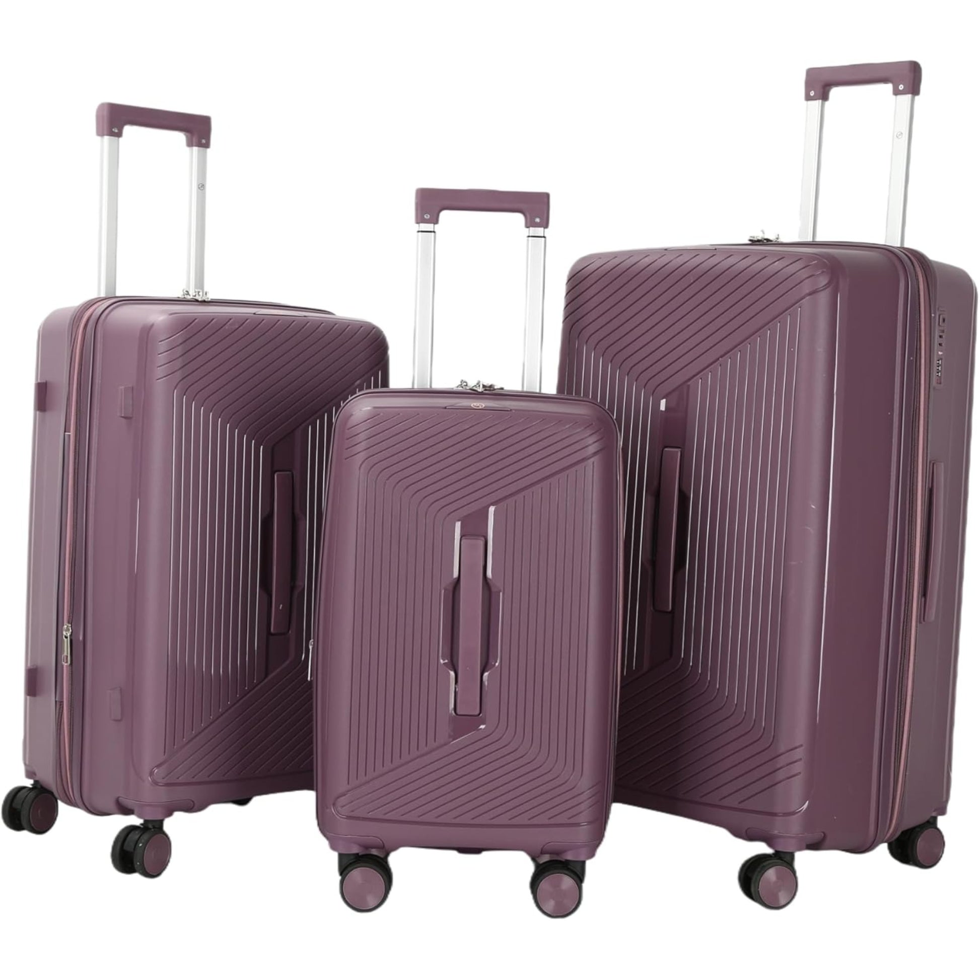 3 purple suitcases of different sizes on a white background