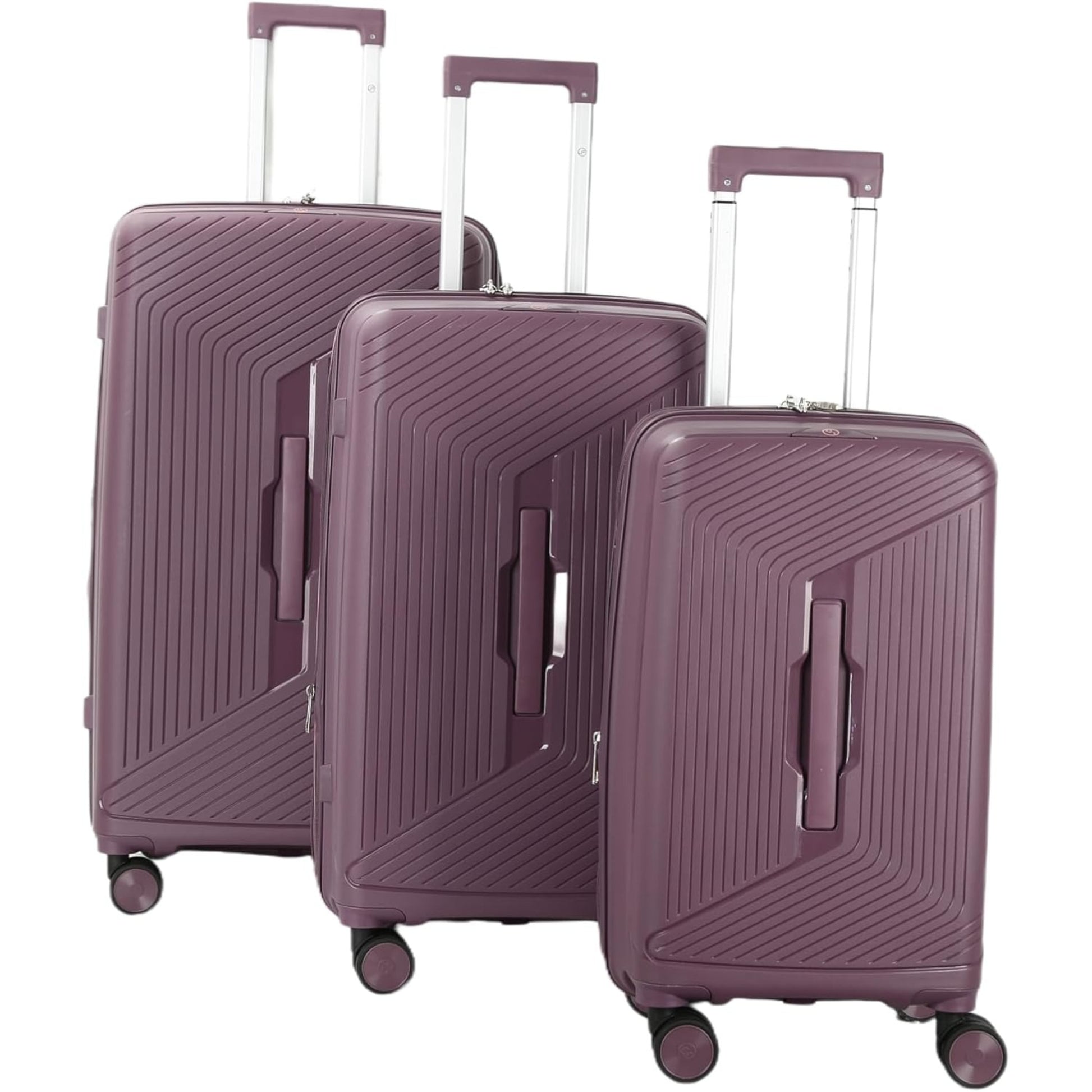 3 purple suitcases of different sizes on a white background